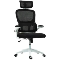 HOMCOM Chaise de Bureau Pivotante avec Appuie-Tête et Hauteur Réglables, Accoudoirs Rabattables et Inclinaison, Noir(m-6)