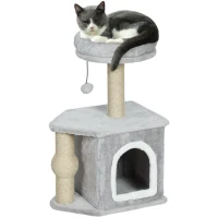 PawHut Katzenbaum Spielzeugturm für Katzen, mit Kratzsäulen, Katzenbett-Haus, 42 x 30 x 66 cm Hellgrau(m-6)