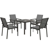 Outsunny Salón de jardín 5 piezas con 1 mesa de comedor y 4 sillas - tablero de vidrio templado con agujero para sombrilla Gris(m-6)