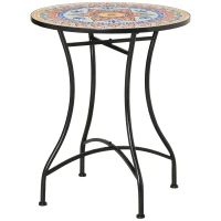 Outsunny Mesa de Jardín Mosaico Redonda Mesita Auxiliar Bistró con Placa de Mosaico de Cerámica Metal Rojo+Azul+Blanco 60 cm(m-7)