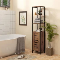 kleankin Mobile Colonna Bagno con 3 Ripiani Aperti, Porta a Doghe, Ripiani Regolabili, Stile Industriale, Marrone Rustico(m-3)