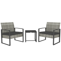 Outsunny Salón de jardín 3 piezas 2 sillas con cojines + mesa de centro con tapa de vidrio templado resina trenzada Grisclaro