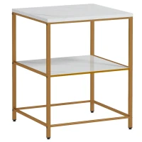 HOMCOM Mesa auxiliar mesa auxiliar con 2 estantes efecto mármol y estructura de metal dorado 44x40x54,5 cm(m-1)