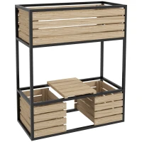 Outsunny Jardinera de dos niveles, resistente a la intemperie, 3 maceteros, 83x39x100 cm, Natural + Negro(m-1)