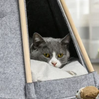 PawHut Tipi Zelt für Haustiere Teepee Katze oder Hund dickes Kissen 2 Pompons inklusive Holzstruktur aus Kiefer Filz Plüsch grau(m-4)