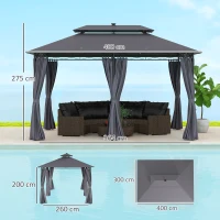 Outsunny Toldo de jardín exterior carpa 3x4 m con mosquitera y luces LED solares, doble techo, Gris(m-3)