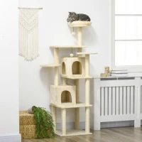 PawHut Árbol para gatos árbol para trepar rascador altura 171 cm con 2 cuevas 6 plataformas 2 pompones colgantes Beige(m-2)