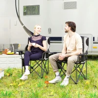 Outsunny Set van 2 Opvouwbare Campingstoelen met Armleuningen, Bekerhouder, Hoofdsteun, Koeltas Zwart(m-8)