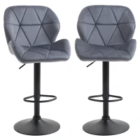 HOMCOM Set 2 Tabourets de Bar avec Hauteur Réglable Base en Métal Assise en Velours, Tabourets Cuisine Hauts Pivotant avec Dossier et Repose-Pieds, 51,5x57,5x93-114,5cm, Gris(m-1)