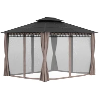 Outsunny Cenador de jardín con techo policarbonato 4 paredes laterales anti-UV mosquiteras 4x3 m(m-4)