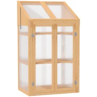 Outsunny Mini Serra, piccola serra con telaio in legno, finestra e doppia porta, 3 ripiani, 70L x 50P x 120A cm, Marrone(m-1)