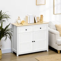 HOMCOM Credenza Mobile da Stoccaggio con 2 Cassetti e 2 Porte con Mensola Regolabile in Altezza, 100 x 40 x 85 cm, Bianco e Effetto Legno(m-2)