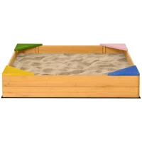 Outsunny Quadratischer Sandkasten aus Holz für Kinder mit 4 Sitzgelegenheiten in der Ecke und Schutzfilm 109 x 109 x 19,8 cm Naturholz(m-1)