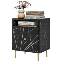 HOMCOM Mesilla de Noche con Efecto Mármol Compartimiento Abierto y Cajón Mesa de Noche para Dormitorio 39x30x50 cm Negro(m-10)