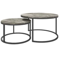 HOMCOM Set de tables basses, 2 tables rondes gigognes, Design industriel, Structure métallique, Imitation marbre/Gris(m-1)