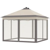 Outsunny Tente Pliante avec Lumières LED 3,3x3,3 m Tonnelle de Jardin avec Télécommande avec 4 Moustiquaires Hauteur Ajustable Beige(m-1)