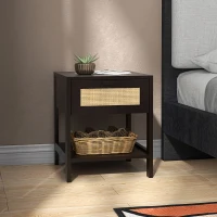 HOMCOM Nachttisch Beistelltisch mit Schublade und Regal, Rattanfront, Maße 40L x 40B x 48H cm Schwarz(m-2)