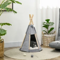 PawHut Tipi Zelt für Haustiere Teepee Katze oder Hund dickes Kissen 2 Pompons inklusive Holzstruktur aus Kiefer Filz Plüsch grau(m-2)