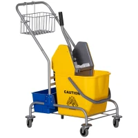 HOMCOM Chariot de Nettoyage avec Essoreuse, Seau 25 L et Étagère en Plastique, en PP et Métal, 72x49.5x95 cm, Bleu et Jaune(m-6)
