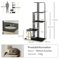 PawHut Árbol Rascador, Diseño Industrial, 3 Plataformas, 2 Cojines, Rascador de Pared, Estructura de Acero, Negro, 85x48x170 cm(m-3)