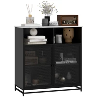 HOMCOM Mueble de Almacenamiento Buffet con acabado de mármol y doble puerta de rejilla 86x40x90 cm Blanco y Negro(m-6)