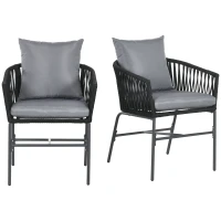 Outsunny Lote de 2 sillas de jardín de exterior para 2 personas en metal y cuerda PE con cojines, Negro y Gris oscuro(m-7)
