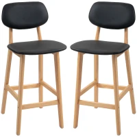 HOMCOM Conjunto de 2 taburetes de bar sillas altas revestimiento de poliuretano con respaldo y patas de madera Negro(m-7)