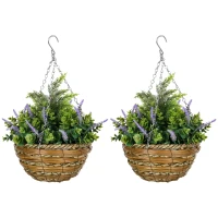 Outsunny Conjunto de Plantas Artificiales de Lavanda con Maceta y Gancho en PE y Mimbre 25x34 cm Verde y Violeta(m-1)