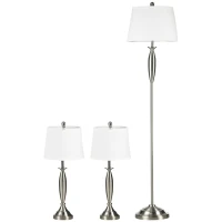 HOMCOM Conjunto de 3 luces 1 lámpara de pie 2 lámparas de mesa aspecto de lino; 38x38x158 cm Plata + Blanco(m-7)