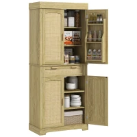 HOMCOM Credenza Cucina Stile Boho con 2 Armadietti, Cassetto e Portaspezie in Legno e Rattan, 76x40x183cm, Rovere(m-1)