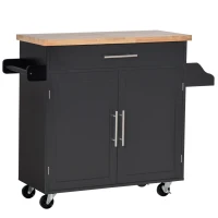 HOMCOM Chariot de Cuisine Polyvalent avec Tiroir, Roues, Porte-Épices et Armoire, Meuble de Cuisine avec Étagère Réglable, Porte-Serviettes et Plateau en Bois de Caoutchouc, 109x40x89 cm, Noir(m-5)