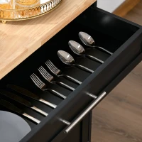 HOMCOM Chariot de Cuisine Polyvalent avec Tiroir, Roues, Porte-Épices et Armoire, Meuble de Cuisine avec Étagère Réglable, Porte-Serviettes et Plateau en Bois de Caoutchouc, 109x40x89 cm, Noir(m-4)