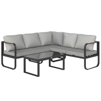 Outsunny Salon de jardin extérieur 3 pièces en L avec canapés et table basse en verre, assise réglable 5 positions, gris