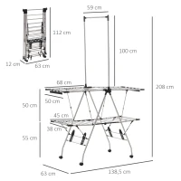 HOMCOM Tendedero de ropa plegable con ruedas gran espacio de secado acero inoxidable 138,5x63x208 cm plateado Negro(m-3)