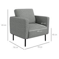 HOMCOM Sillón de sala sillón en tela 1 plaza revestimiento aspecto lino patas en acero 79x76x65 cm Gris Negro(m-3)