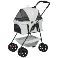 PawHut Chariot pour animaux de compagnie 3-en-1, chariot pour chiens pliable à 4 roues avec sac de transport détachable pour chiens et chats, Gris(m-1)