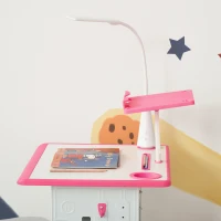 HOMCOM Ensemble Table et Chaise pour Enfants 6-12 Ans Hauteur Réglable, Lampe LED, Pupitre et Porte-Stylo, Acier et MDF, Rose(m-4)