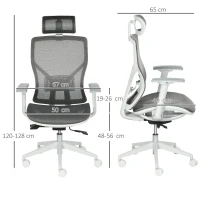 Vinsetto Fauteuil de Bureau Chaise de Bureau Chaise de Jeu avec Appuie-tête Coussin Lombaire Accoudoirs 3D 3 Étapes Roues Pivotantes à 360° Réglable en Hauteur Ergonomique Tissu en Maille Mousse Gris 67 x 65 x 120-128 cm(m-3)