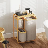 HOMCOM Cesto de Ropa en Bambú con 3 Bolsas y Repisas Extraíbles de Tela 50x32x69,7 cm color Bambú y Crema(m-3)