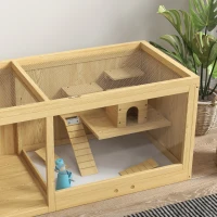 PawHut Jaula para Mascotas Pequeñas de Madera, Incluye Accesorios y Bebedero, 100x50x50 cm, Natural(m-5)
