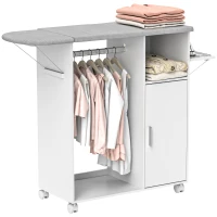 HOMCOM Mobile Asse da Stiro mit Abstellfläche, 3 Cubby-Regalen und Führung, 127x42,5x99 cm, Weiß(m-5)