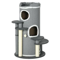 PawHut Árbol para Gatos con Torre de Rascar, 2 Cuevas para Gatos, 4 Áreas de Descanso, 4 Postes para Rascar, 57x57x99 cm, Gris+ Blanco(m-1)