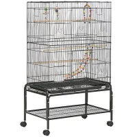 PawHut Gaiola para Pássaros com Rodas com 4 Comedouros 3 Poleiros Brinquedos Bandeja Amovível e Prateleira 79x49x133 cm Preto(m-1)