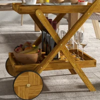 Outsunny Carrito de jardín para barbacoa de madera con 2 estantes, 3 compartimentos para botellas y 2 ruedas Madera Natural(m-5)