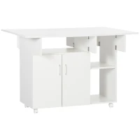 HOMCOM Mesa de comedor plegable mesa plegable con ruedas con compartimentos armario estante 115x73x76 cm Blanco(m-6)