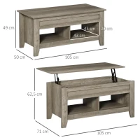HOMCOM Mesa de centro con tapa elevable mesa de salón con estantes y compartimento oculto 105x50x49-62,5 cm para salón(m-3)