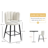 HOMCOM Conjunto de 2 sillas altas taburetes de bar con reposapiés acero tela efecto lana bouclé altura 65 cm Crema Negro(m-3)
