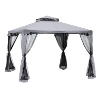 Outsunny Pérgola de Jardim 294x294x265cm com Duplo Teto de Ventilação 8 Orifícios de Drenagem e 4 Telas Mosquiteiras Cinza(m-1)