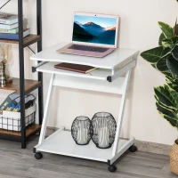 HOMCOM Escritorio Informativo Rodante - Escritorio Móvil - Mesa de Ordenador - Bandeja deslizante para Teclado + Estante - Blanco(m-2)
