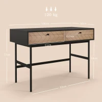 HOMCOM Escritorio compacto consola con 2 cajones frentes de espiga estructura metal Negro 106x50x77 cm(m-3)